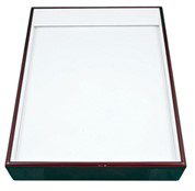 A white box with a red lid and a black frame.