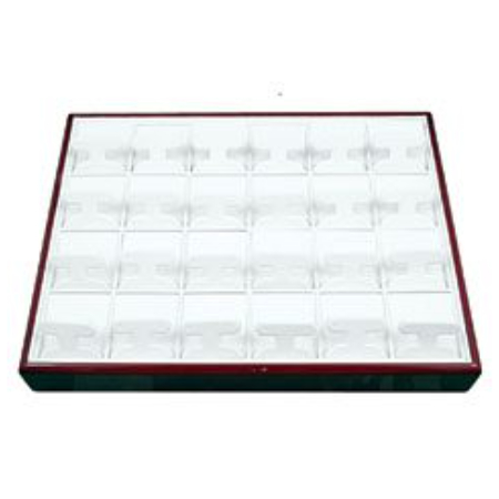 A red and white tray with many compartments