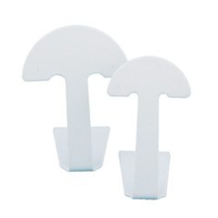 A pair of white plastic hooks with a mushroom design.