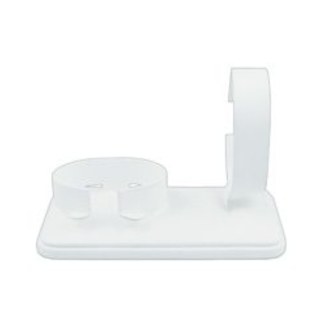 A white plastic holder for two watches.