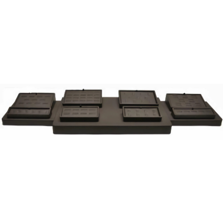 A black tray with four different sized trays.