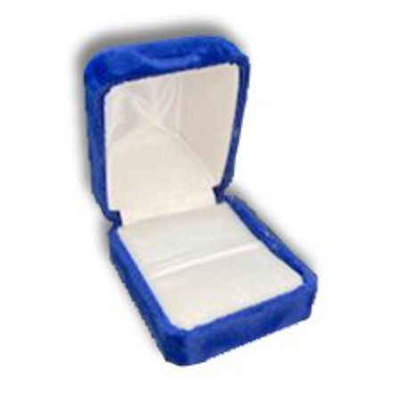 A blue and white ring box with two rings inside.