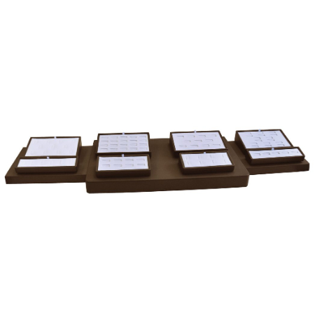 A brown tray with four white plates on top of it.