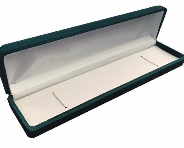 A green box with white lining and a silver ribbon.